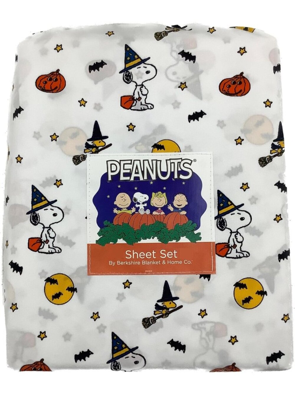 Cozy Halloween Fall Sheet Set - King Size, White with Pumpkins, Bats & Witch